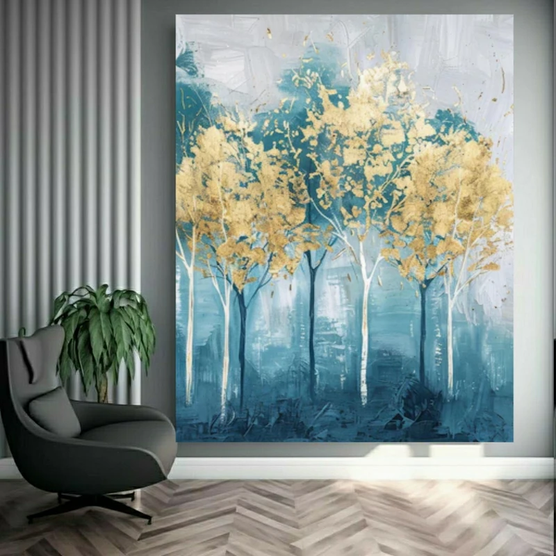 تابلو بوم طرح درخت طلایی مدل زمینه آبی کد FP105753