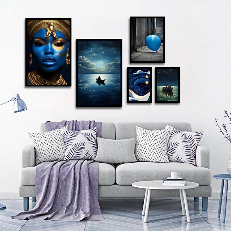 تابلو بکلیت طرح زن آفریقایی و نقاشی دریا کهکشانی مدل B-1376 مجموعه 5 عددی