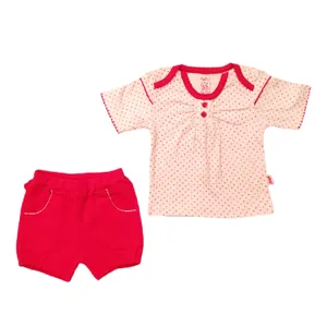 ست تی شرت و شلوارک نوزادی مدل خال خال رنگ قرمز