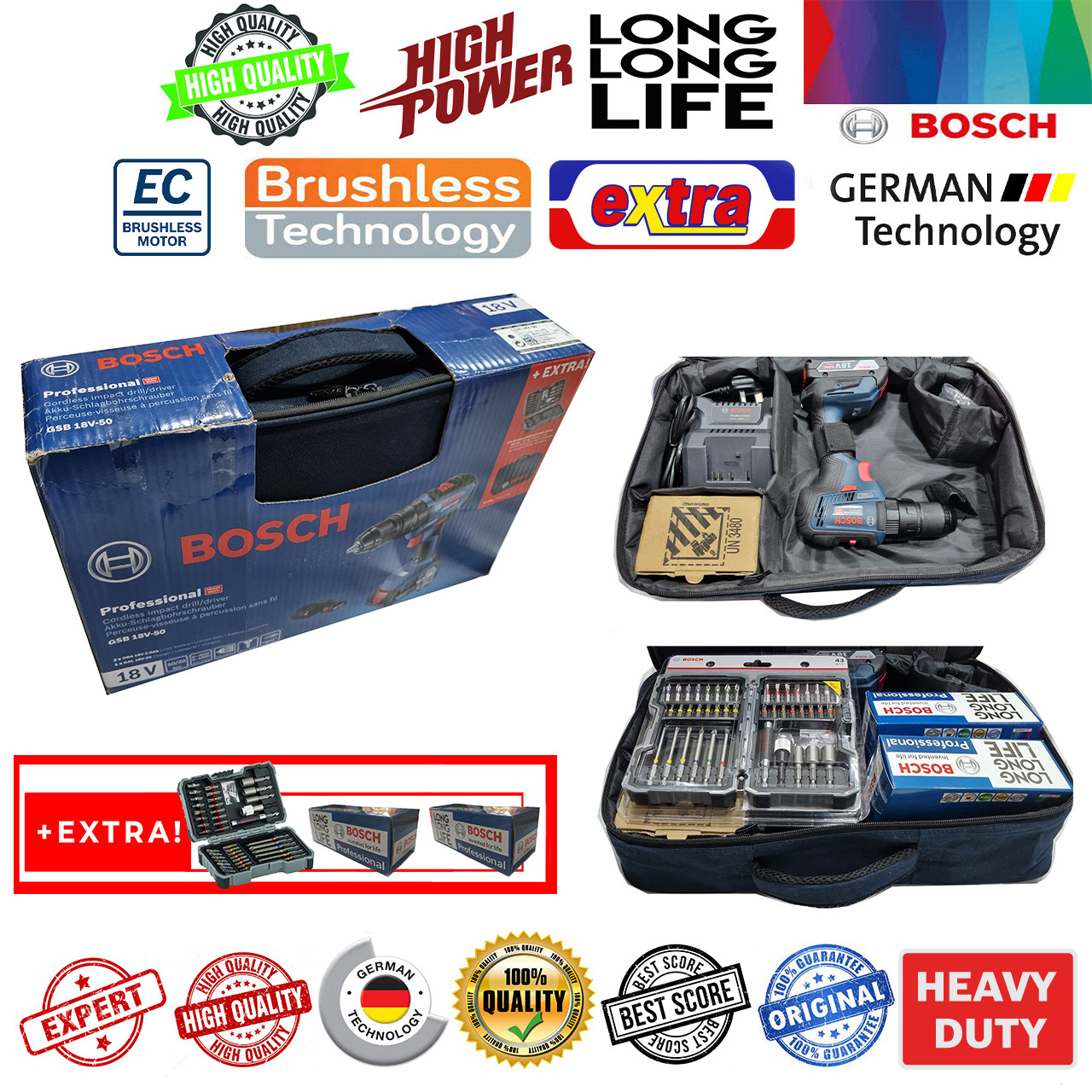 دریل پیچ گوشتی شارژی چکشی بوش مدل GSB 18 V-50 کد BAG EXTRA EC