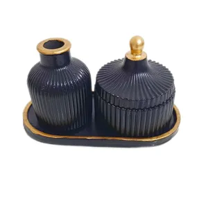 ست 3 تکه گلدان و جاشمعی بتنی مدل شیاردار 