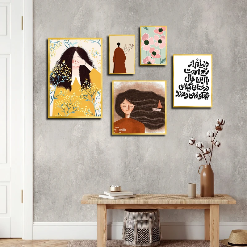 تابلو بکلیت طرح جمله انگیزشی و نقاشی فانتزی دخترانه مدل T-3722 فریم طلایی مجموعه 5 عددی