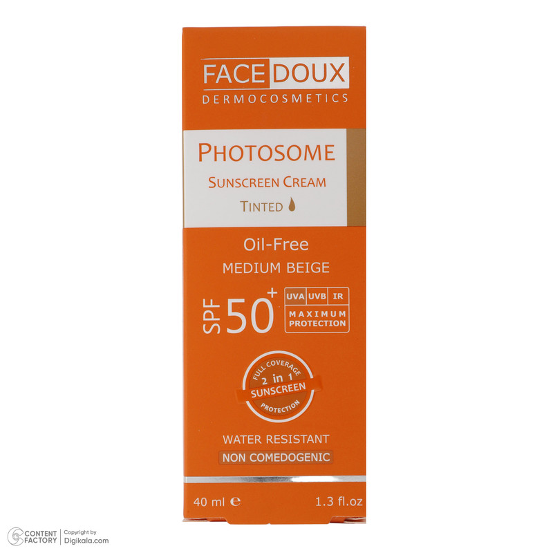 کرم ضد آفتاب رنگی فیس دوکس SPF 50 مدل فوتوزوم محافظ اشعه UVA و UVB مناسب پوست‌های چرب حجم 40 میلی‌لیتر