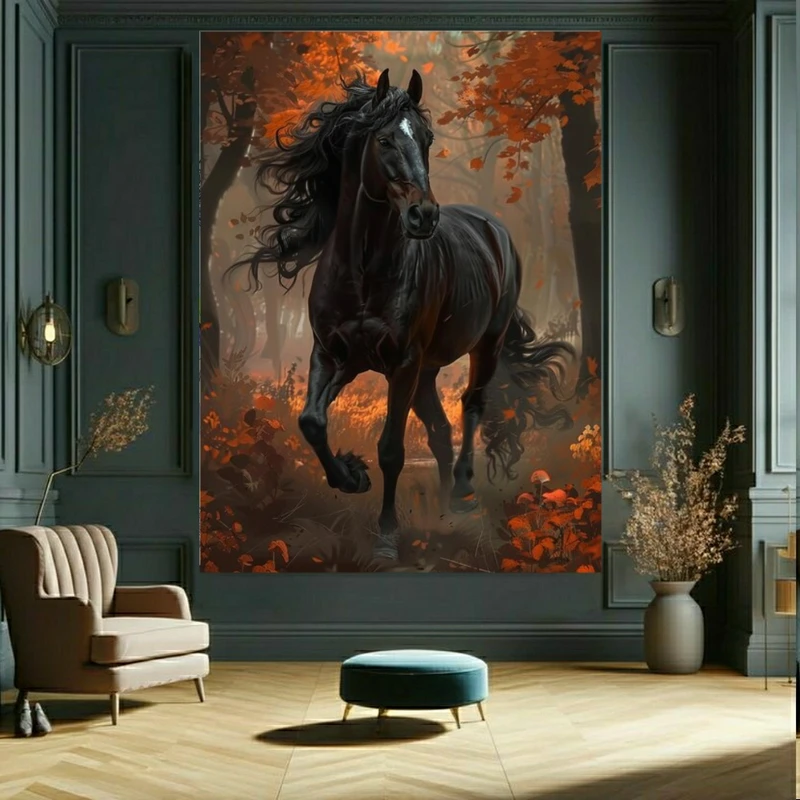 پوستر پارچه ای مخمل طرح اسب مشکی مدل جنگل پائیزی کد BK23343