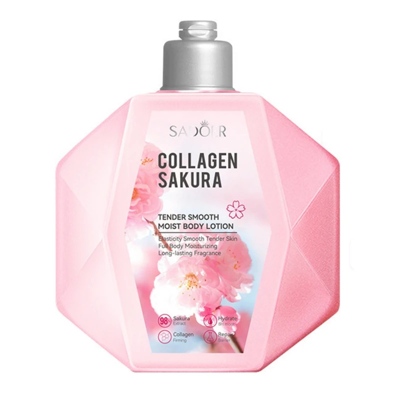 لوسیون بدن سادور مدل Collagen Sakura حجم 300 میلی‌لیتر آبرسان و مرطوب‌کننده قوی، افزایش الاستیسیته پوست، روشن‌کننده، ضد لک و رفع بوی نامطبوع، مناسب انواع پوست