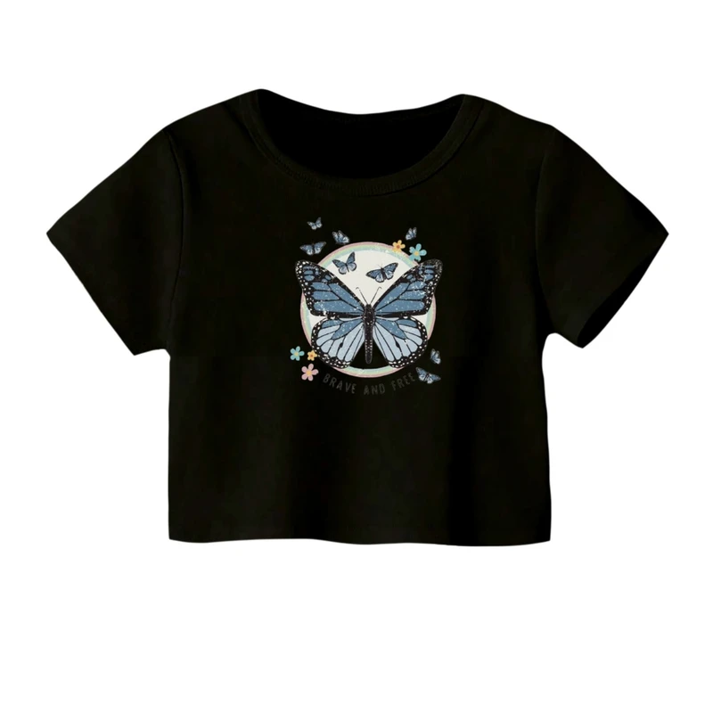 کراپ‌ تی‌شرت آستین کوتاه زنانه مدل پروانه کد 03