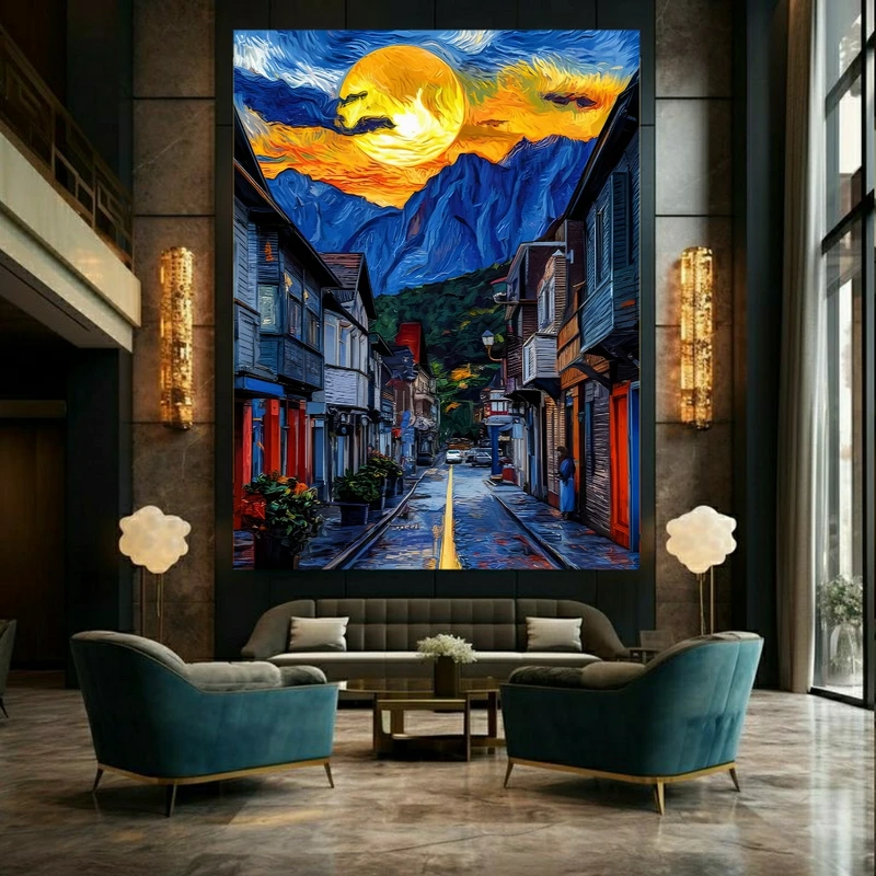 تابلو بوم طرح مخمل نقاشی شهر مدل شب کد FP105538