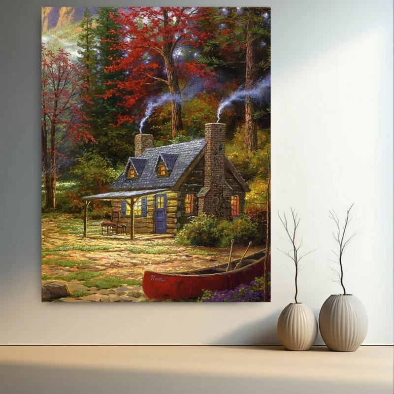  تابلو بوم طرح مخمل کلبه سنگی مدل جنگلی کد GR1189