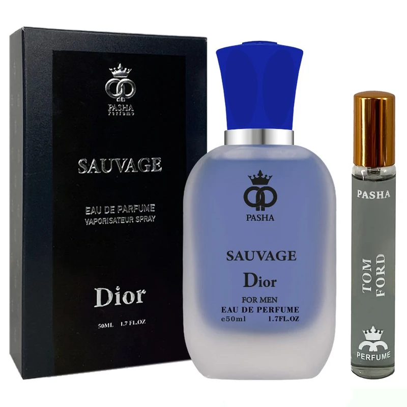 ادو پرفیوم مردانه پاشا مدل ساواج دیور با رایحه خنک حجم 50 میلی لیتر به همراه عطر جیبی پاشا مدل تام فورد بلک ارکید با رایحه گرم حجم 24 میلی لیتر