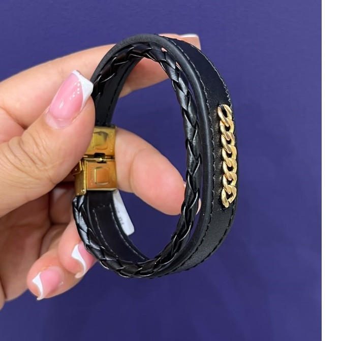 دستبند طلا 18 عیار مردانه با بند چرمی مان گالری مدل  دو لاین کارتیه کد MB01-0001300