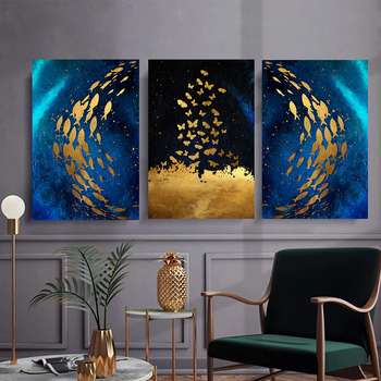 تابلو بوم طرح ماهی و پروانه طلایی مجموعه 3 عددی