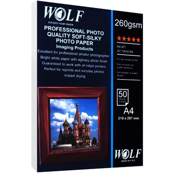 کاغذ چاپ عکس فتوگلاسه ولف مدل 260g سایز A4 بسته 50 عددی