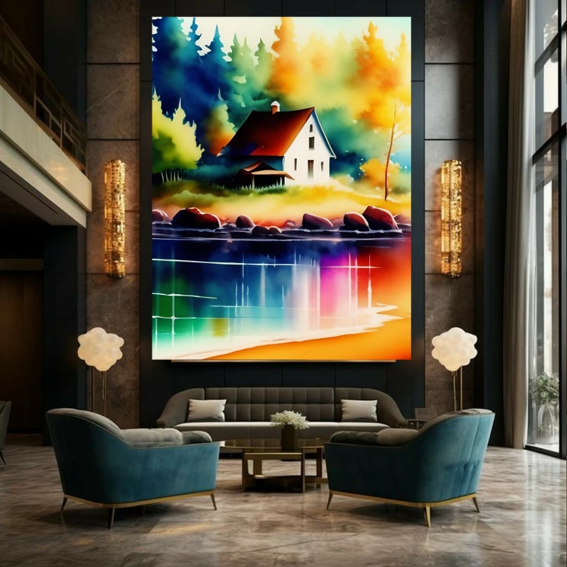 تابلو بوم طرح مخمل کلبه سنگی مدل دریاچه رنگین کمانی کد FP105487