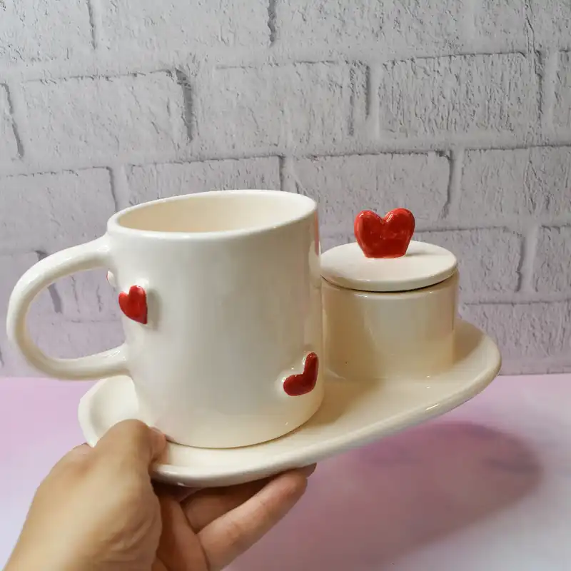 ست ماگ و قندان سرامیکی طرح قلبی