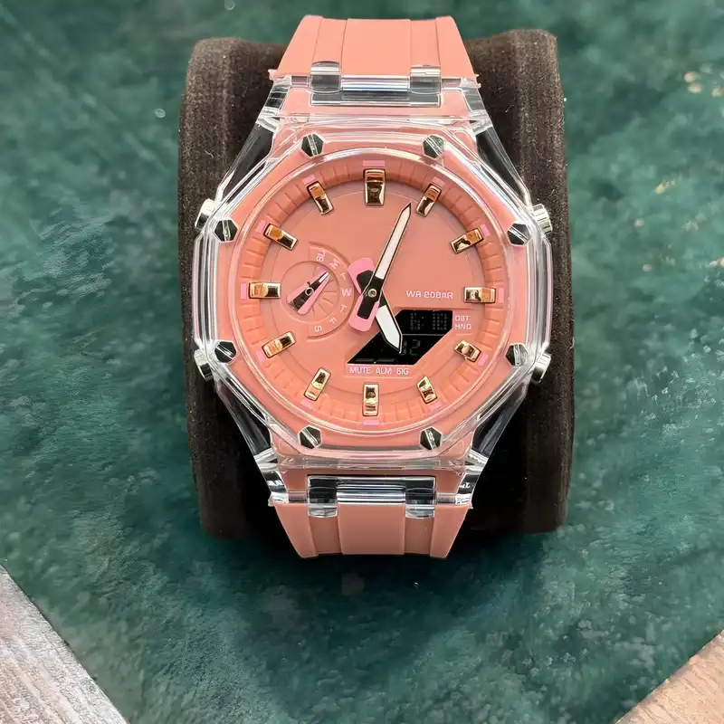 ساعت مچی عقربه ای مدل دو زمانه پمپی قاب شفاف کد golb