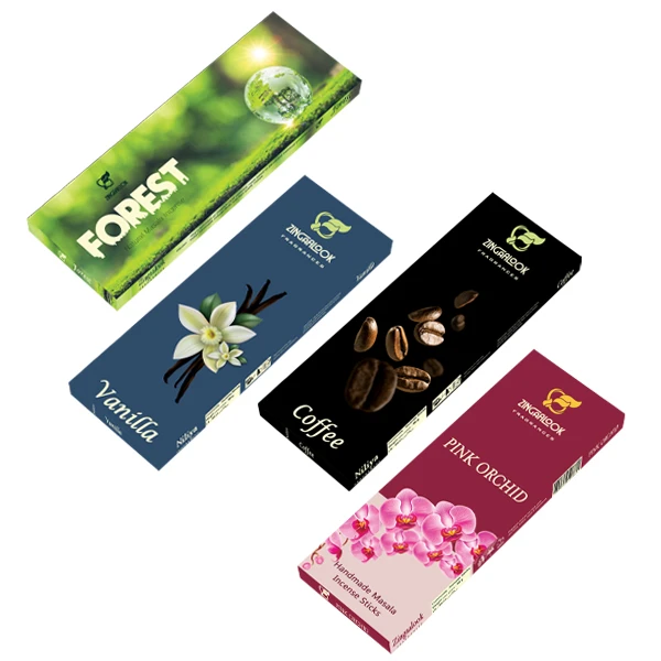 عود دست‌ساز زینگالوک مدل شاخه ای رایحه ارکیده وحشی، جنگل، لنودر و قهوه، وانیل 4 بسته 15 عددی