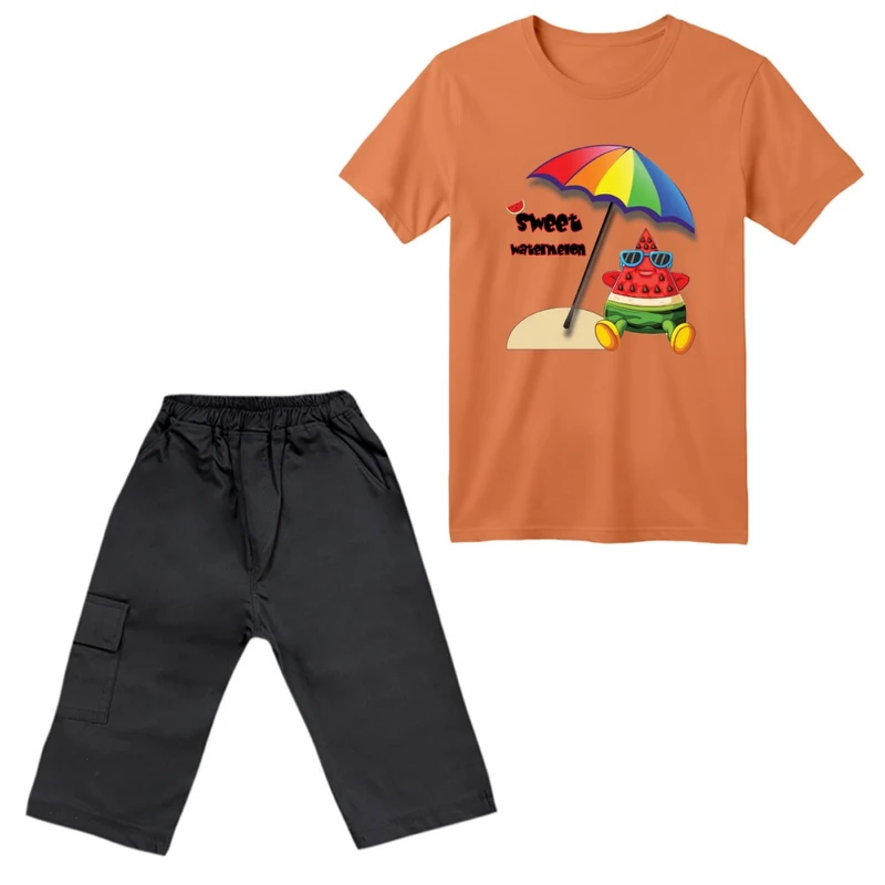 ست تی‌شرت آستین کوتاه و شلوارک پسرانه مدل هندوانه یلدایی کد 23