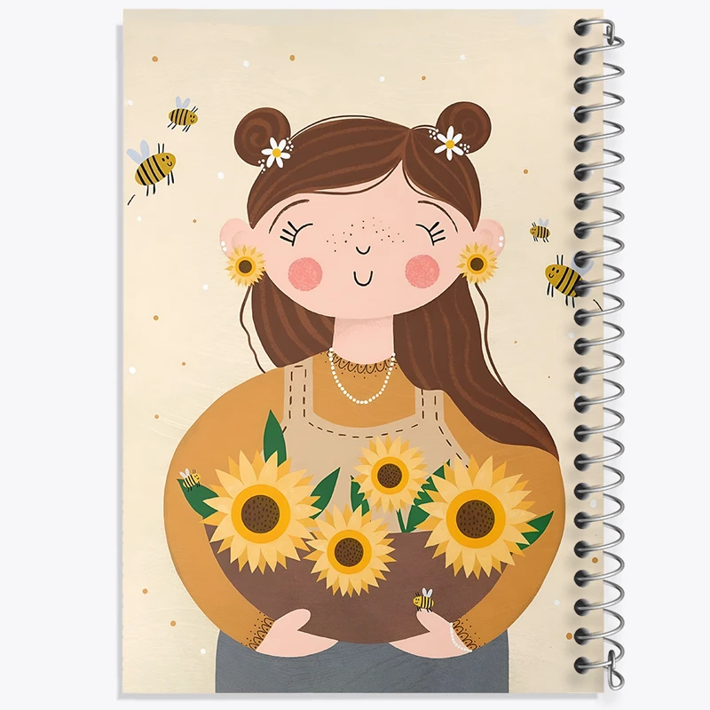 دفتر ژورنال نویسی 50 برگ خندالو مدل نقطه ای طرح دختر و گل آفتابگردان کد F8237