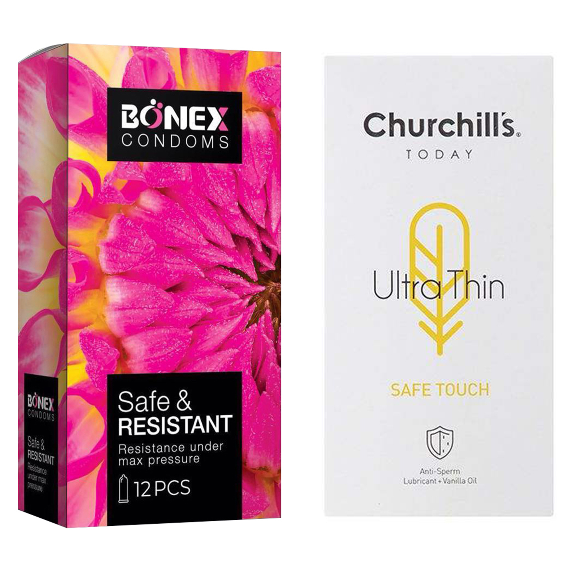 کاندوم چرچیلز مدل Safe Touch بسته 12 عددی به همراه کاندوم بونکس مدل Safe & Resistant بسته 12 عددی 