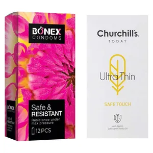 کاندوم چرچیلز مدل Safe Touch بسته 12 عددی به همراه کاندوم بونکس مدل Safe & Resistant بسته 12 عددی 