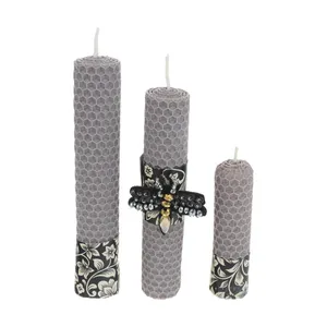 شمع بیزوکس گالری شمرون مدل موم زنبور عسل کد CND3B109GYBE مجموعه سه عددی