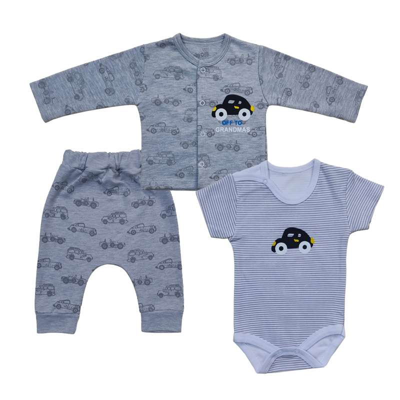 ست 3 تکه لباس نوزادی طرح ماشین مدل 20407