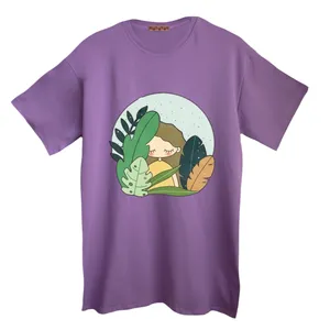 تی شرت لانگ آستین کوتاه  زنانه مدل دختر و گل رنگ یاسی