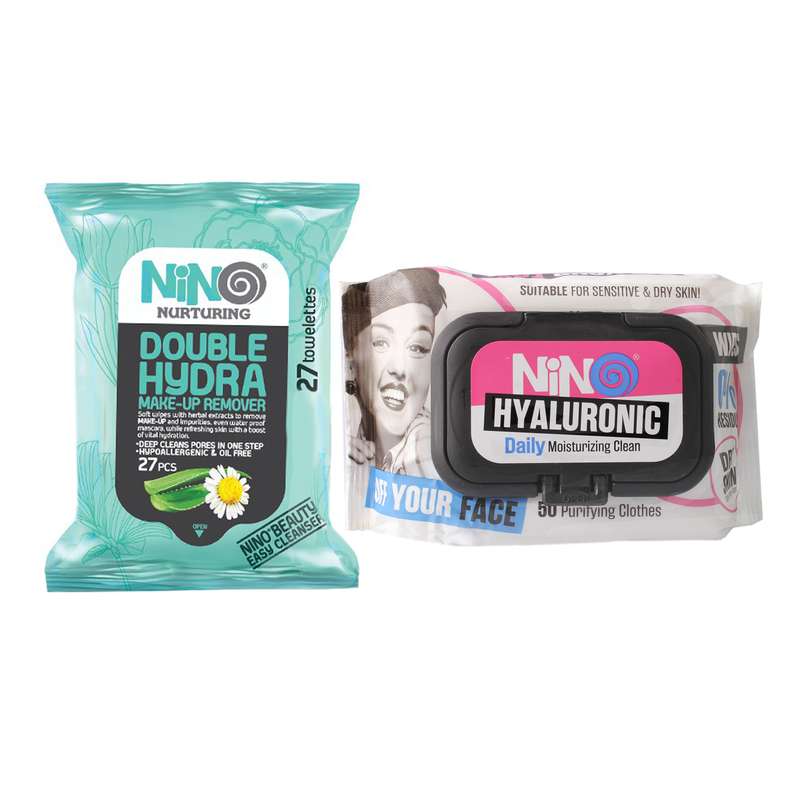 دستمال مرطوب نینو مدل HYALURONIC بسته 50 عددی به همراه دستمال مرطوب نینو مدل Double Hydra بسته 27 عددی