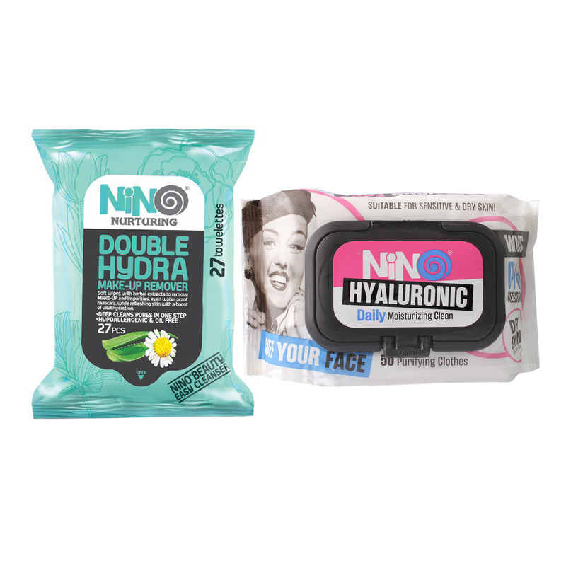 دستمال مرطوب نینو مدل HYALURONIC بسته 50 عددی به همراه دستمال مرطوب نینو مدل Double Hydra بسته 27 عددی