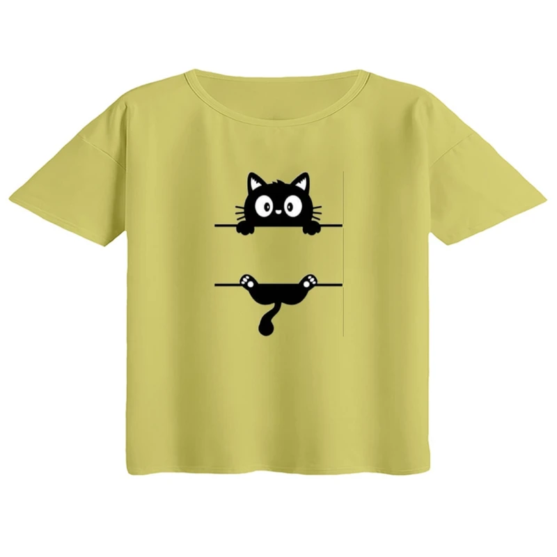 کراپ تی‌شرت آستین کوتاه زنانه مدل گربه آویزان