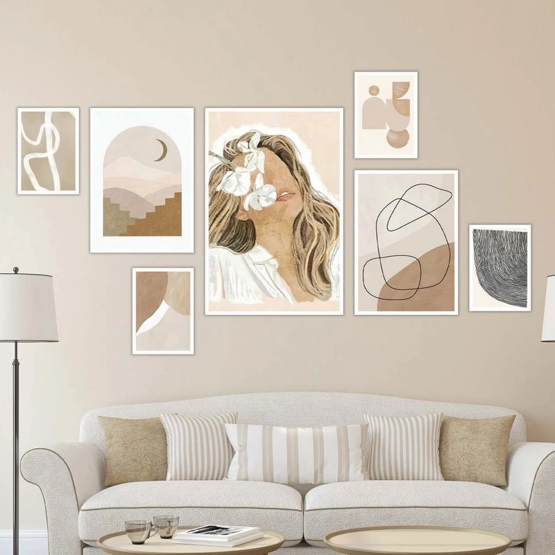 تابلو بکلیت طرح نقاشی مینیمال و چهره مدل شاین اکلیلی W-2241 فریم سفید مجموعه 7 عددی