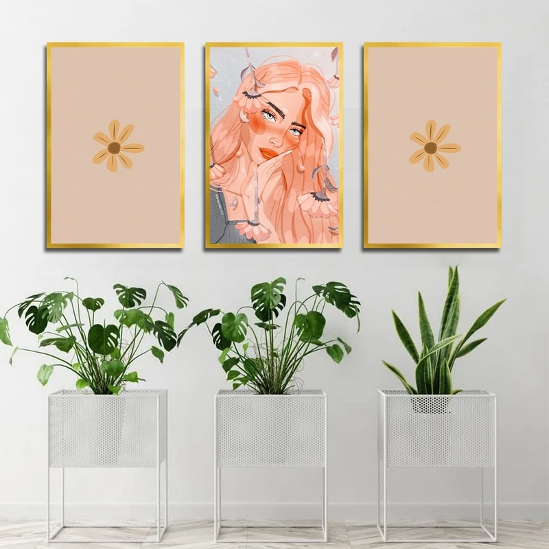 تابلو بکلیت طرح نقاشی مینیمال دخترانه و گل مدل T-2306 مجموعه 3 عددی
