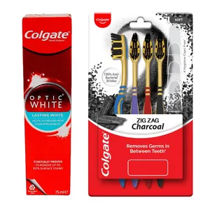 خمیر دندان کلگیت مدل Optic White حجم 75 میلی لیتر به همراه مسواک کلگیت مدل Charcoal با برس نرم مجموعه 4 عددی