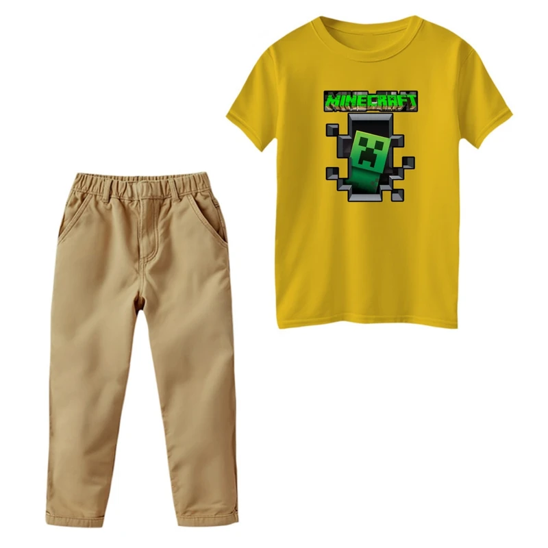 ست تی‌شرت و شلوار پسرانه مدل ماینکرفت کد 003 رنگ زرد