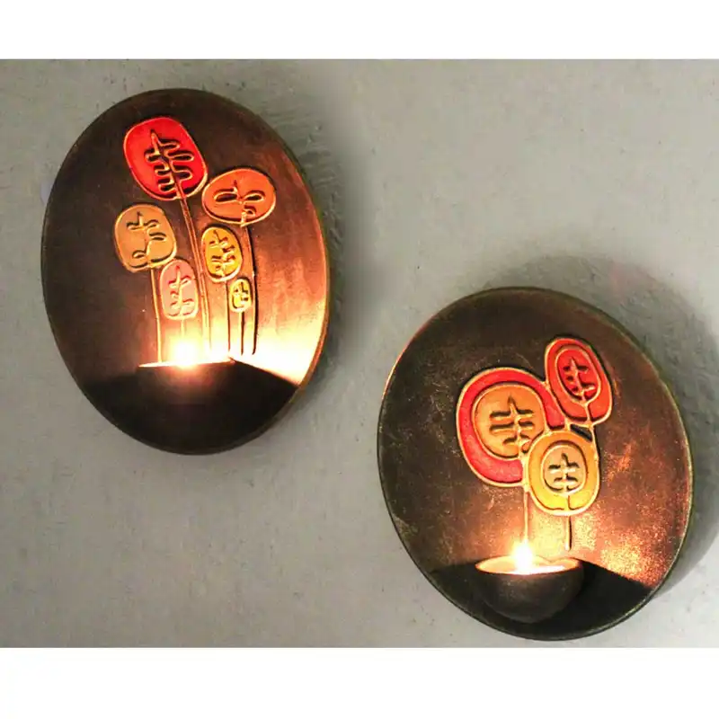 شمعدان سفالی مدل بشقاب دیواری طرح درختان بلوط مجموعه 2 عددی