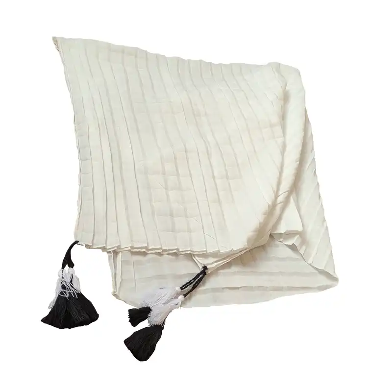 شال زنانه مدل پلیسه مکعبی نخ ابریشم منگوله دار