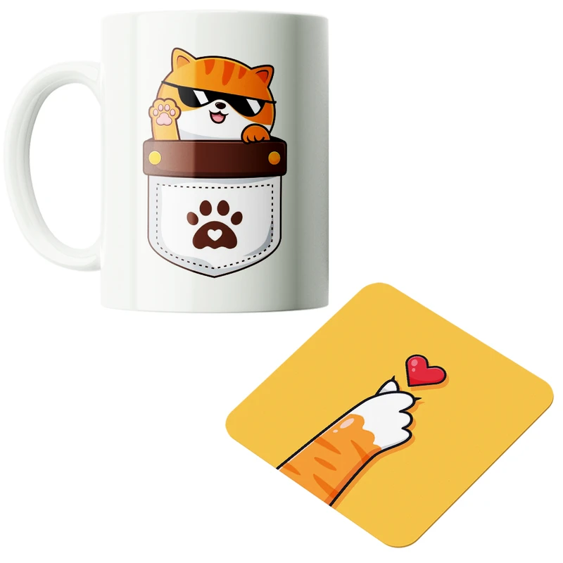 ماگ پاد آفرین مدل گربه کیوت فانتزی بامزه کارتونی کد PZ169 به همراه زیرلیوانی