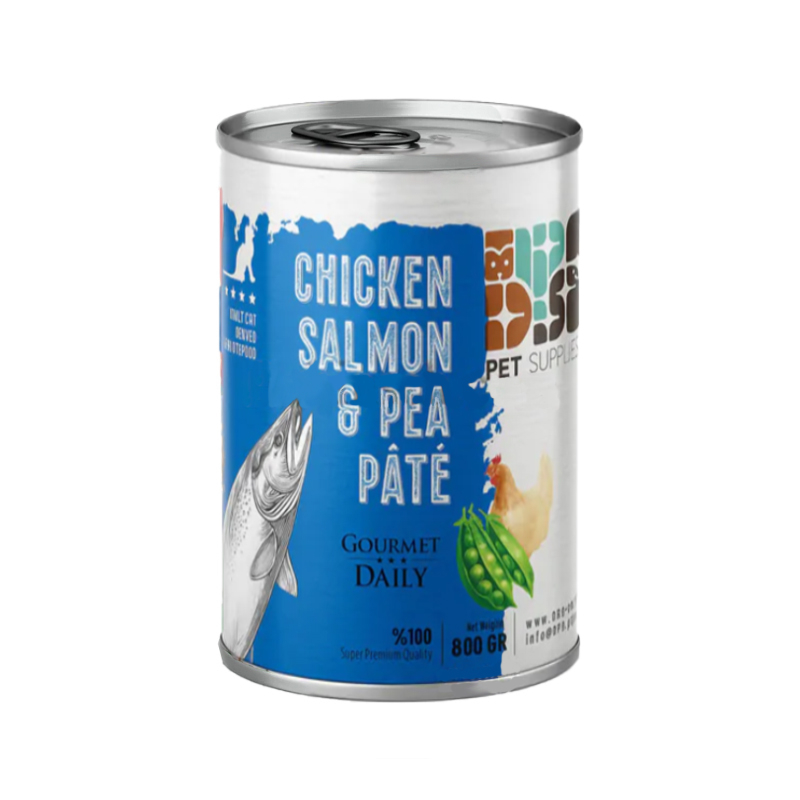 کنسرو غذای گربه بالغ دی پی اس مدل پته طعم مرغ، سالمون و نخود وزن ۴۰۰ گرم