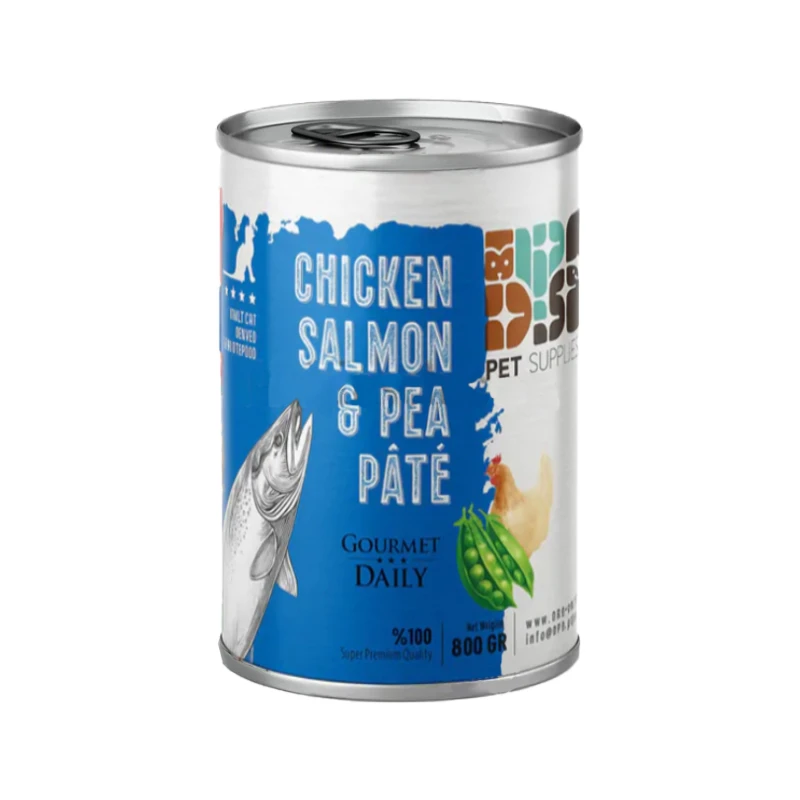 کنسرو غذای گربه بالغ دی پی اس مدل پته طعم مرغ، سالمون و نخود وزن ۴۰۰ گرم
