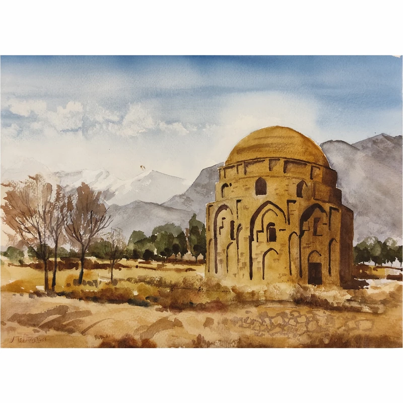 نقاشی آبرنگ به سبک رئالیسم طرح گنبد جبلیه کرمان کد 1085