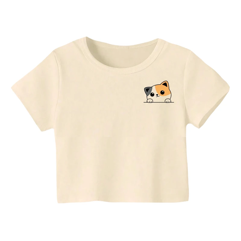 کراپ‌ تی‌شرت آستین کوتاه زنانه مدل گربه کد 4