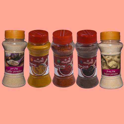 پاپریکا و فلفل سیاه و زردچوبه و پودر سیر و پودر پیاز قمش _ 360 گرم بسته 5 عددی
