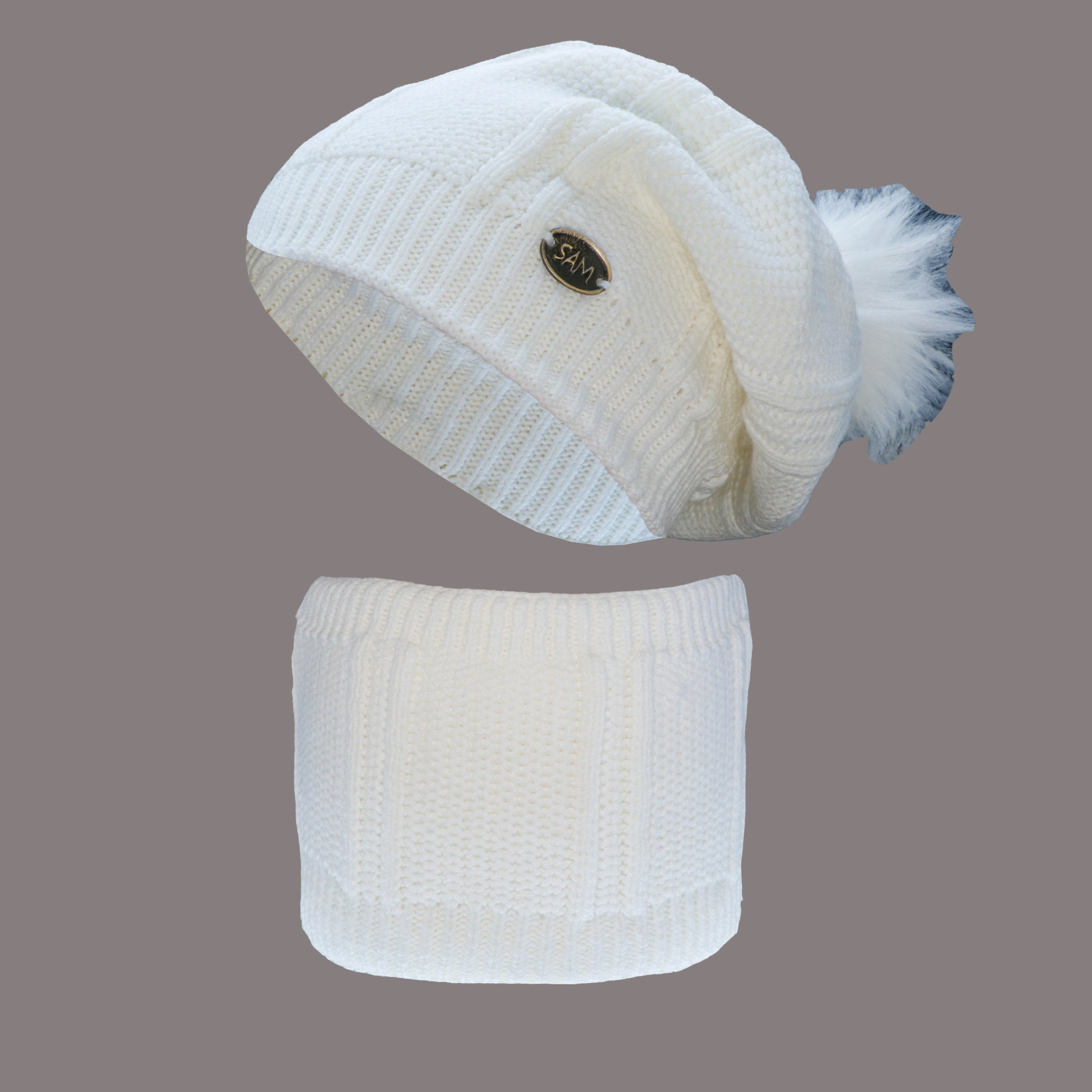 ست کلاه و شال گردن بافتنی بچگانه سام مدل 212 رنگ سفید