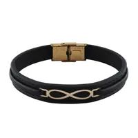 دستبند طلا 18 عیار مردانه با بند چرمی طلا و جواهر ویانا مدل بی نهایت