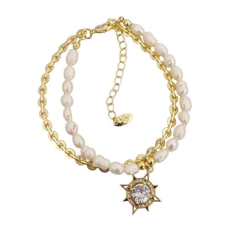 دستبند زنجیری زنانه مدل دو لاین مرواریدی آویز خورشید