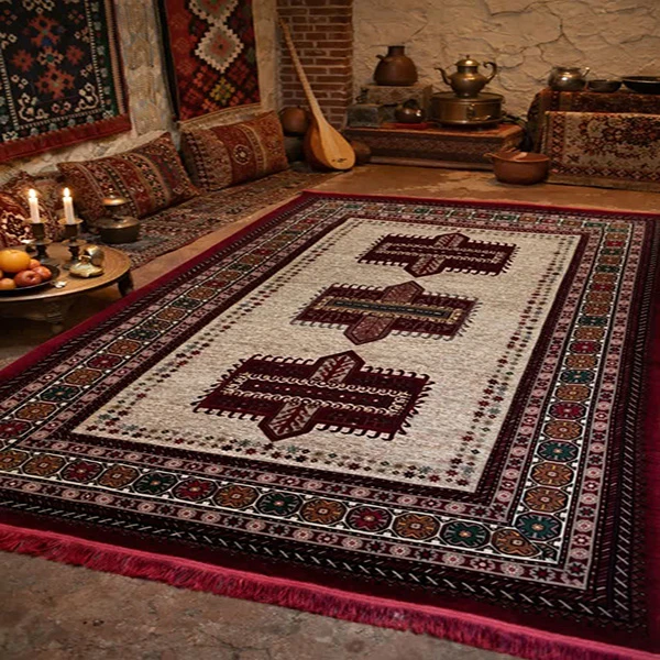فرش ماشینی 420 شانه زمینه بژ حاشیه لاکی مدل طرح سنتی