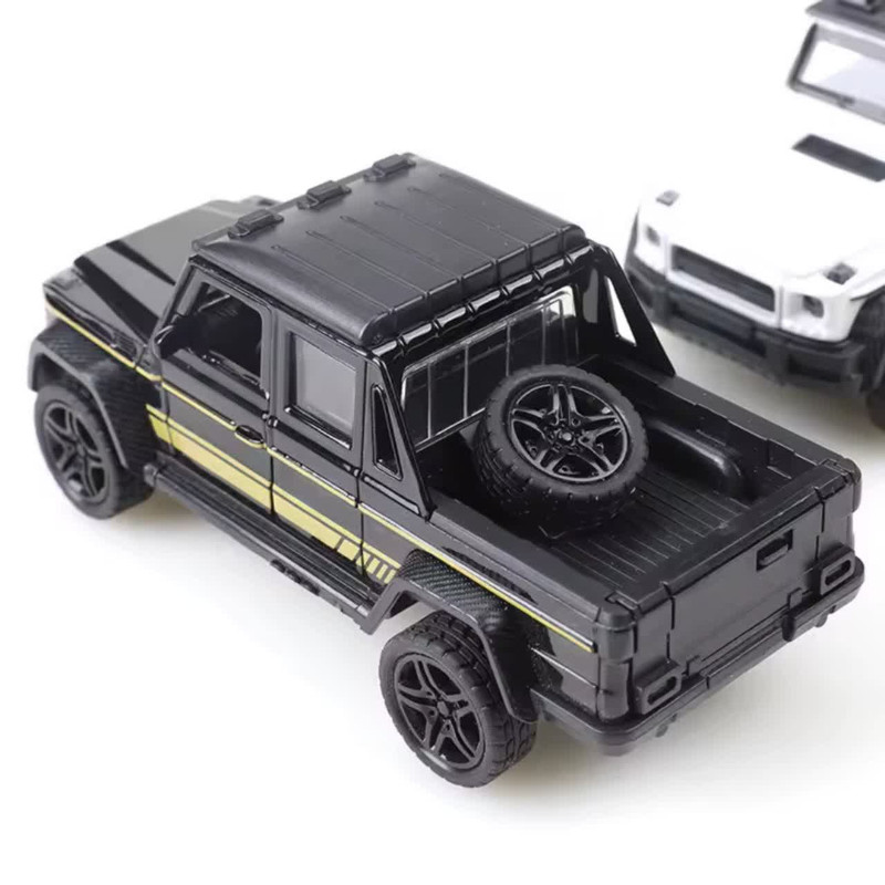 ماکت ماشین فلزی وانت بنز جی کلاس ناب سل مدل MERCEDES BENZ G-CLASS عقبکش، چراغدار و موزیکال با در و صندوق بازشو به‌همراه جاسوییچی