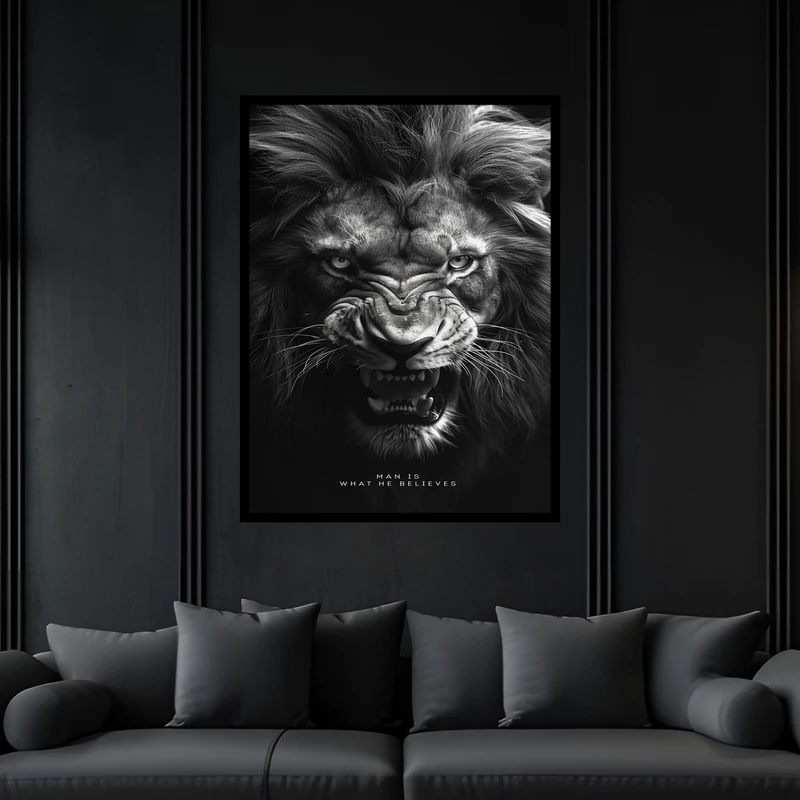 تابلو بکلیت طرح دکوری حیوانات شیر و جمله انگیزشی مفهومی انگلیسی مدل B-bu5885 فریم مشکی