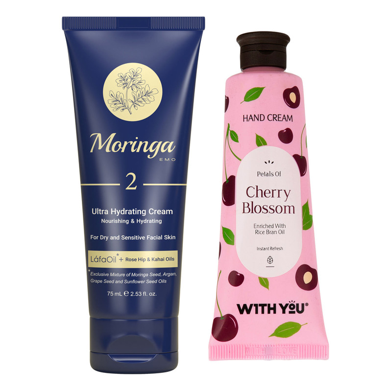 کرم آبرسان مورینگا امو مدل رز هیپ حجم 75 میلی لیتر به همراه کرم مرطوب کننده ویت یو مدل Cherry Blossom حجم 50 میلی لیتر