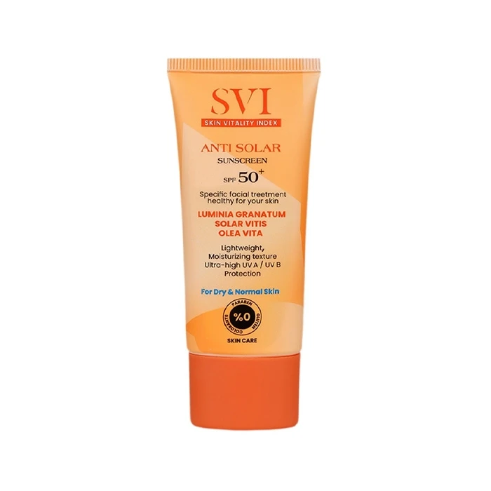کرم ضد آفتاب بی‌رنگ صورت گردن اس وی آی SPF 50 مدل SUNSCREEN NORMAL ‌مناسب برای پوست خشک حجم 40 میلی‌لیتر